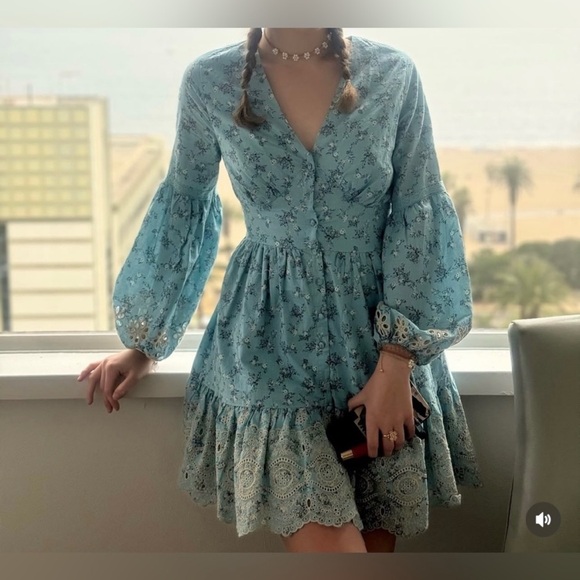 Anthropologie x A Collective Story Blue Floral Embroidered Eyelet Dress- S - Picture 2 of 8